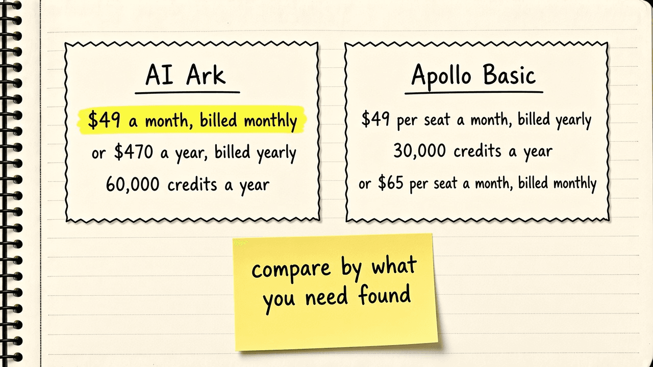 Notebook sketch of two columns, AI Ark labelled $49 a month billed monthly or $470 a year billed yearly for 60,000 credits a year, and Apollo Basic labelled $49 per seat a month billed yearly for 30,000 credits a year or $65 per seat a month billed monthly