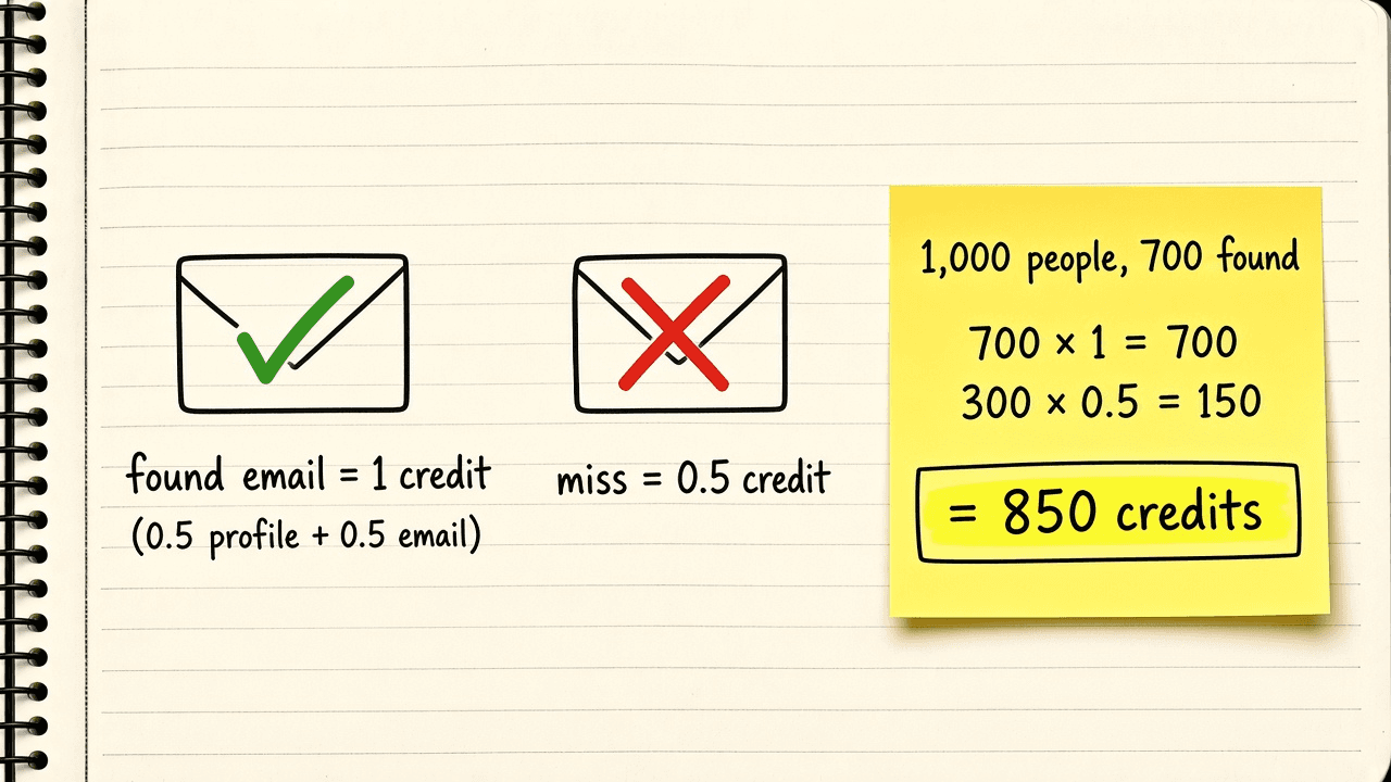 Notebook sketch of two envelopes, a ticked one labelled found email = 1 credit (0.5 profile + 0.5 email) and a crossed one labelled miss = 0.5 credit, next to a sticky note showing 1,000 people with 700 found: 700 × 1 + 300 × 0.5 = 850 credits