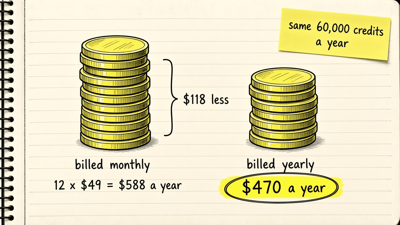 Notebook sketch of two stacks of coins, one labelled 12 times $49 a month billed monthly equals $588 a year, the other labelled $470 a year billed yearly, with a sticky note that says gap of $118 a year