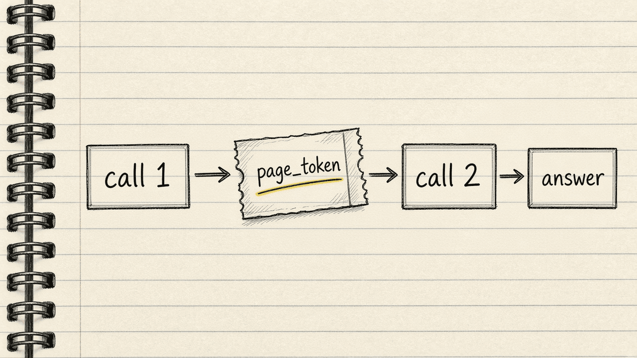 Notebook sketch of a first API call handing a small page token ticket to a second API call, which returns the Related Questions answer