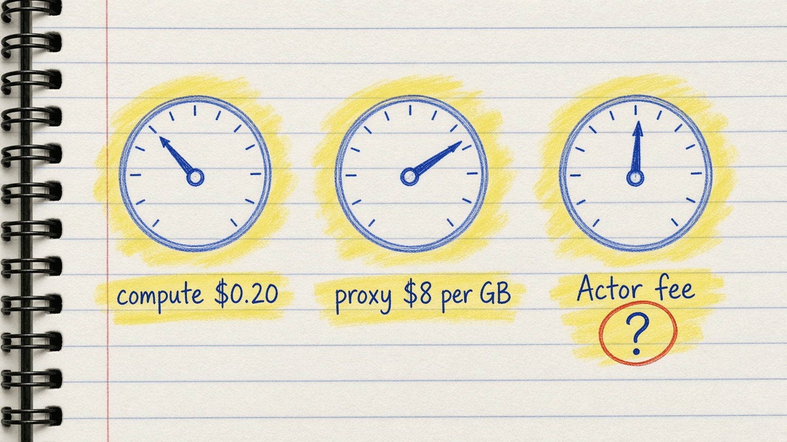 Handsketch of three gauges labelled compute $0.20, proxy $8 per GB, and Actor fee with a circled question mark