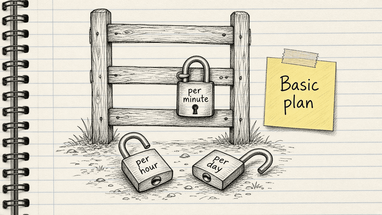 Notebook sketch of a gate with three locks labelled per minute, per hour, and per day, with the per hour and per day locks falling off and only the per minute lock staying shut