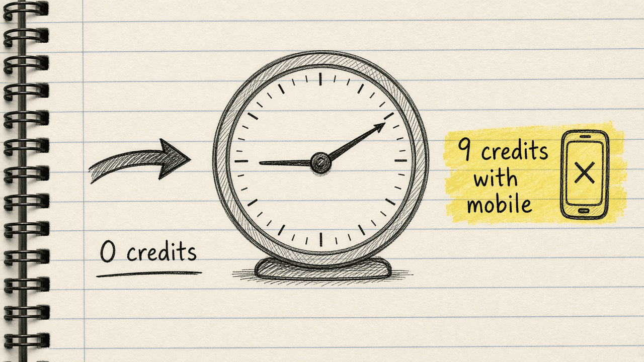 Notebook sketch of a request arrow flowing into a credit meter that stays at 0 credits until data comes back, then climbs to 9 credits once a mobile number is found