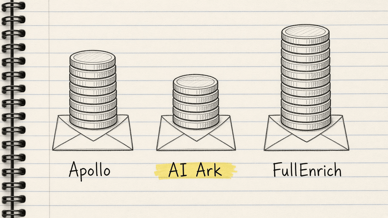 Notebook sketch of three coin stacks labelled Apollo, AI Ark, and FullEnrich, each showing its own credit cost for an email versus a phone number