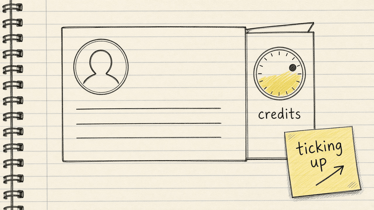 Notebook sketch of the Apollo extension open on a LinkedIn profile with a credit counter ticking upward