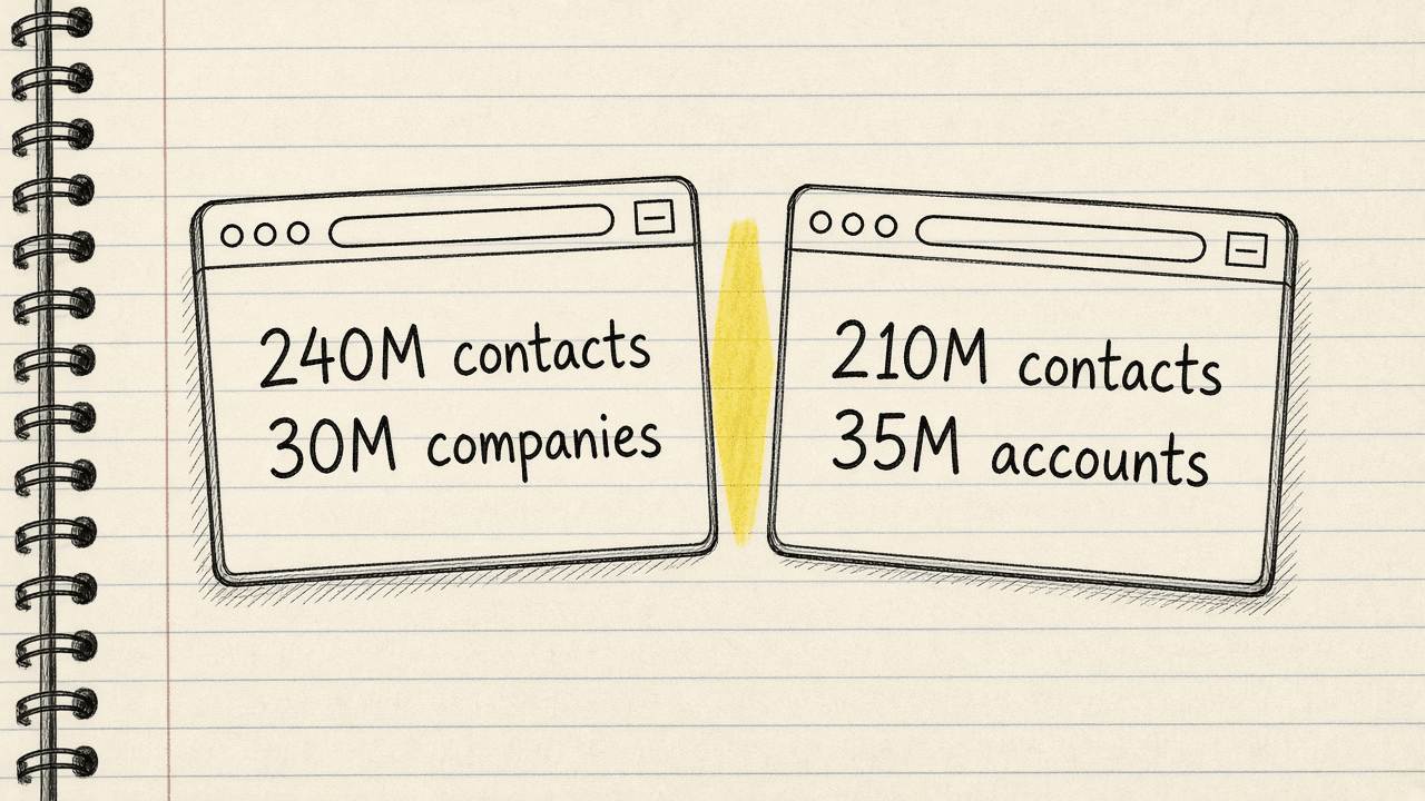 Notebook sketch of two Apollo pages, one reading 240M contacts and 30M companies and the other reading 210M contacts and 35M accounts