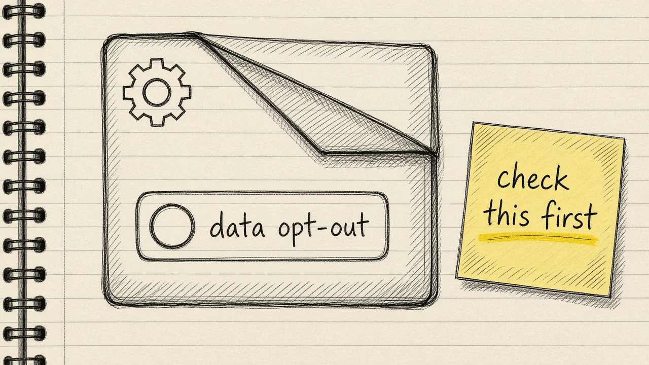 Notebook sketch of a data opt-out toggle tucked under a settings menu, with a sticky note reading check this first