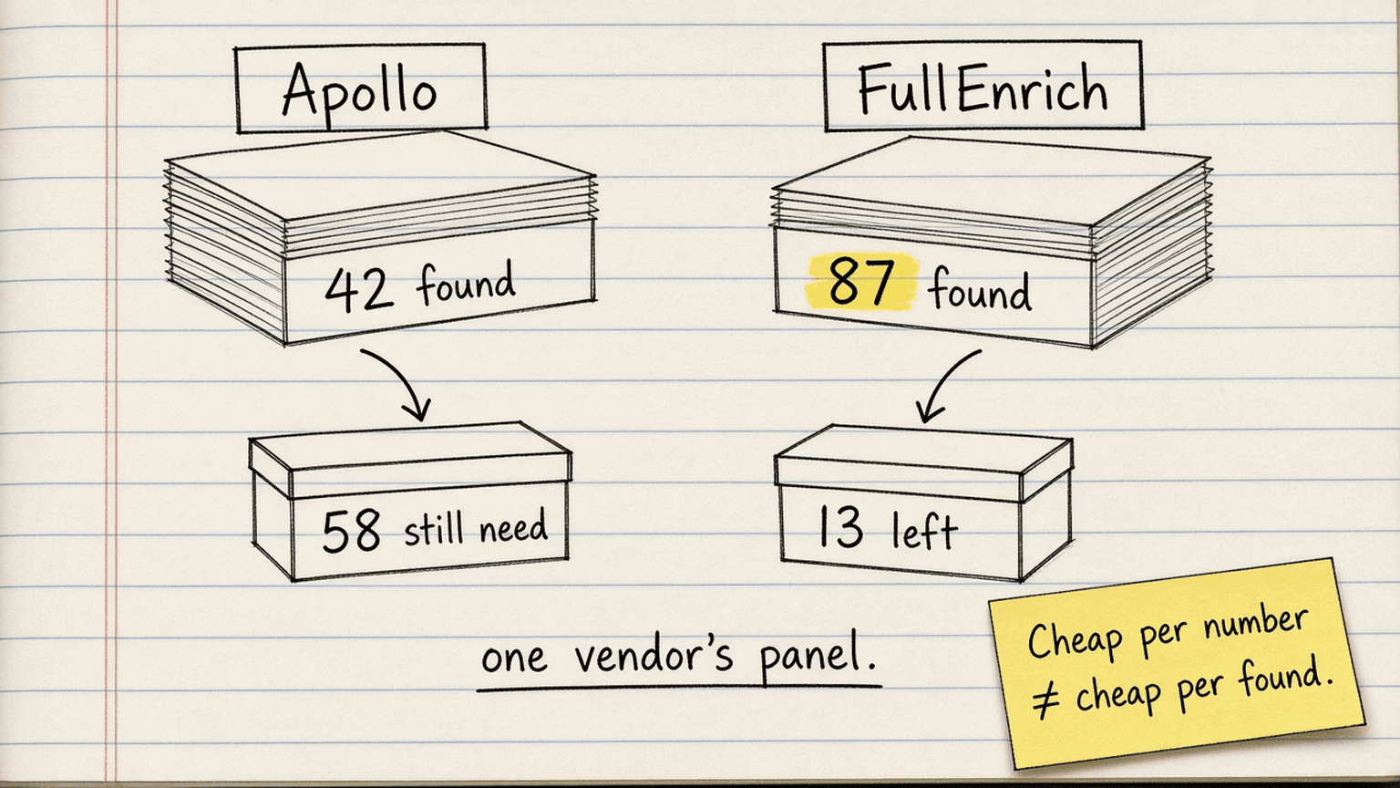 Handsketch of two paper stacks, Apollo with 42 found and a box of 58 still needed, FullEnrich with 87 found and a box of 13 left, footnote one vendor's panel