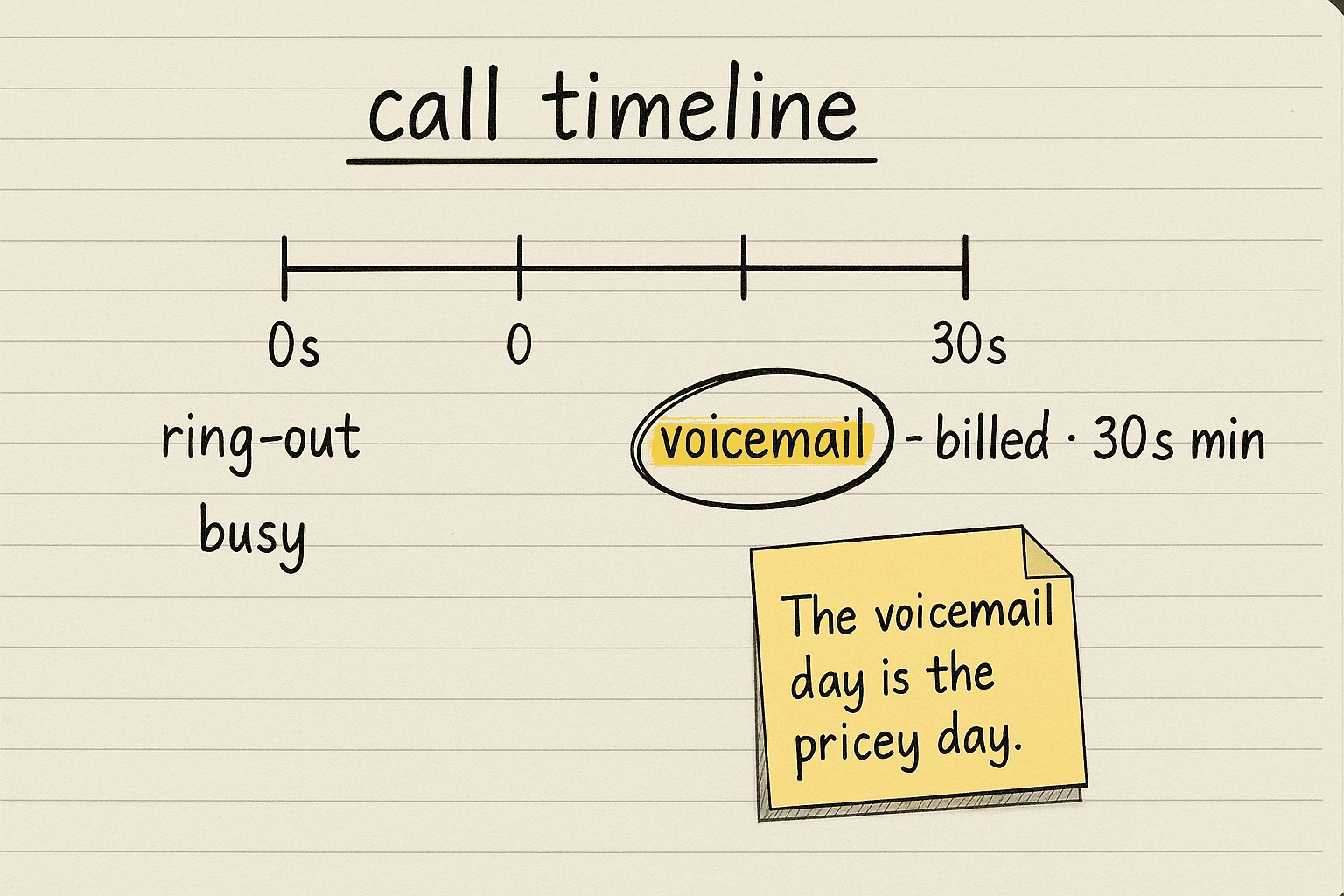 Handsketch of a call timeline with 30-second tick marks, ring-out and busy marked zero, voicemail marked billed with a 30-second minimum