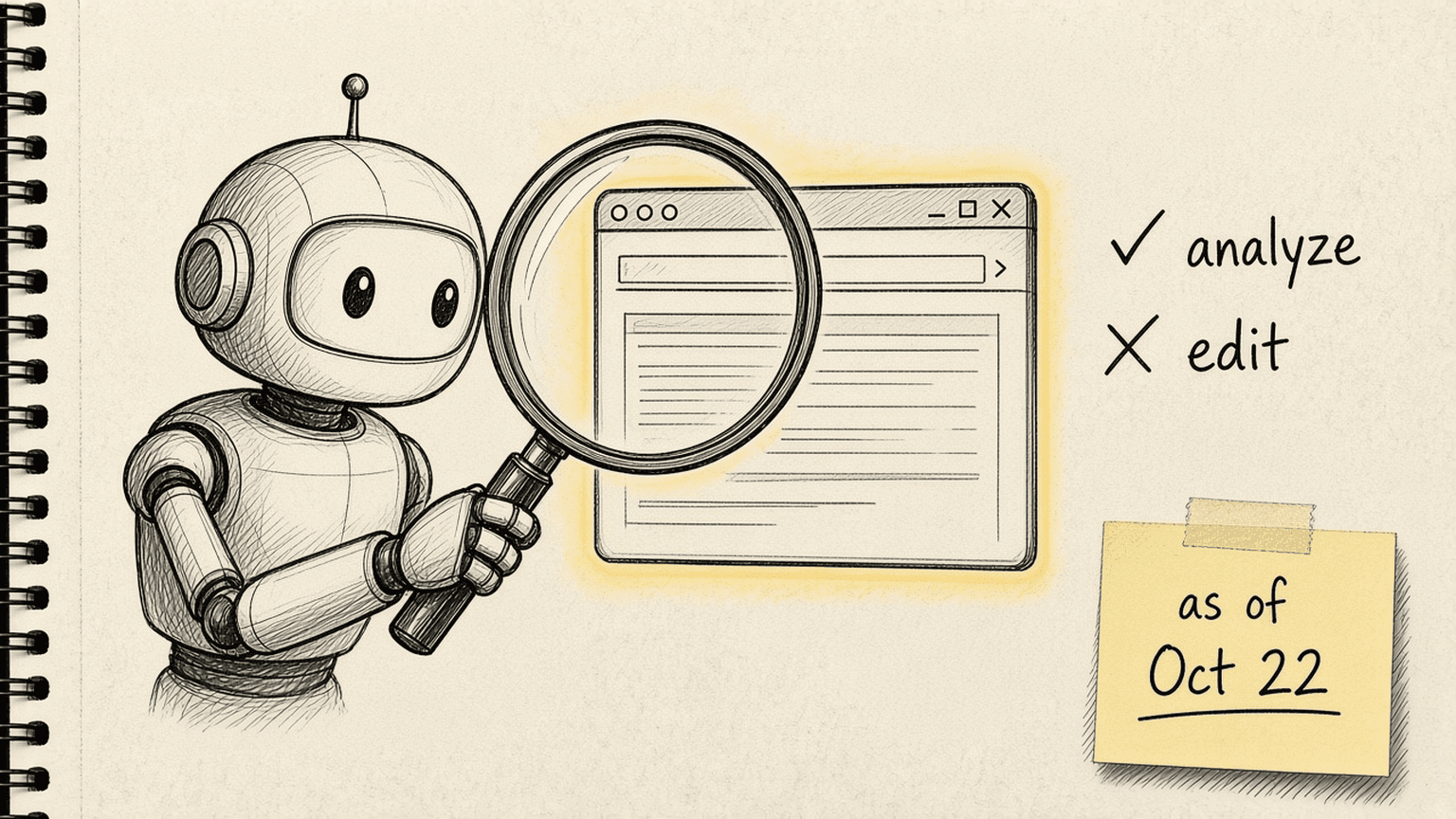Sketch of a robot with a lens over a website, with a check next to analyze and a cross next to edit, dated Oct 22