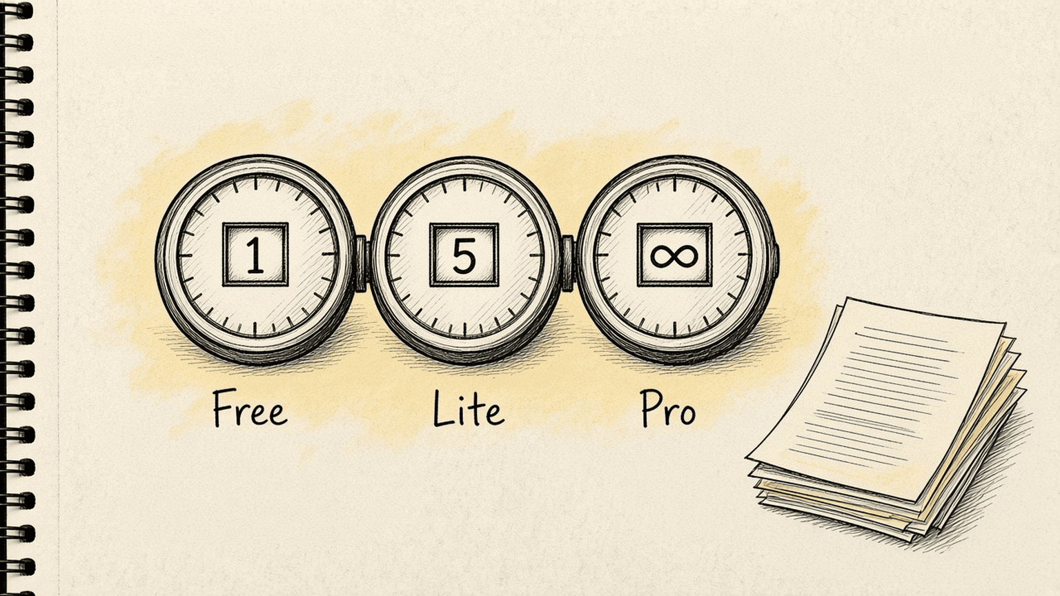 Sketch of a page counter with three dials at 1, 5 and an infinity sign, labelled Free, Lite and Pro