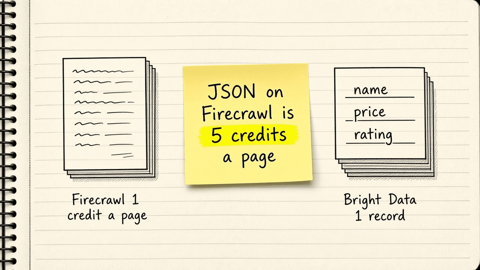 Sketch of two piles side by side, on the left a stack of plain text pages labelled Firecrawl 1 credit a page, on the right a set of filled in forms with fields for name, price and rating labelled Bright Data 1 record, with a sticky note between them that says JSON on Firecrawl is 5 credits a page
