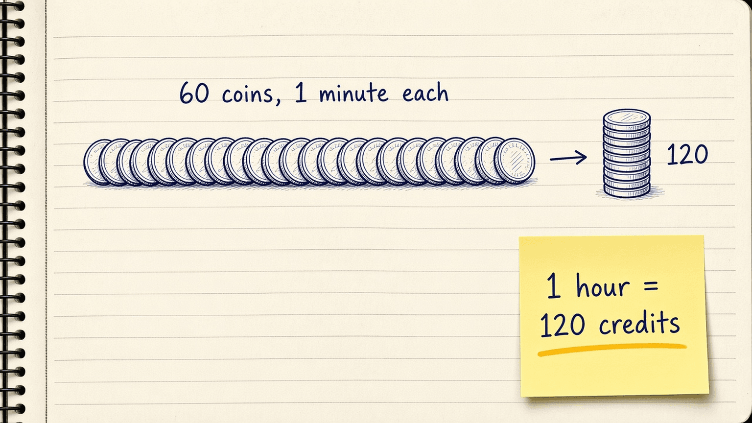 Sketch of 60 small coins in a row labelled 1 minute each, doubled into a stack of 120, with a sticky note that says 1 hour = 120 credits