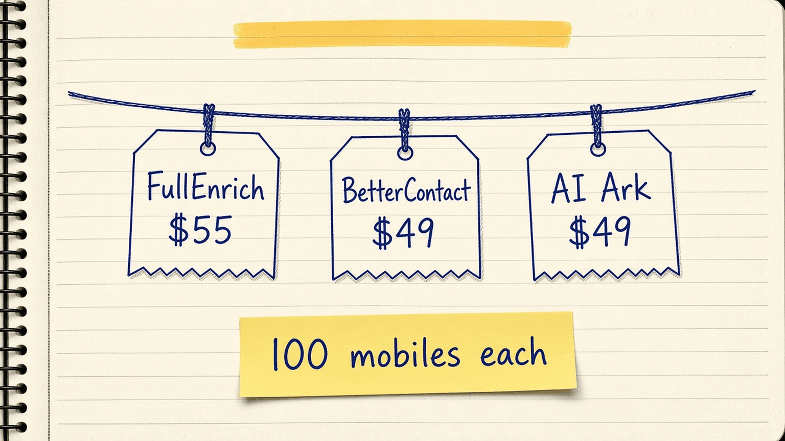 Sketch of three price tags on a string, FullEnrich $55, BetterContact $49 and AI Ark $49 with a sticky note that says 100 mobiles each