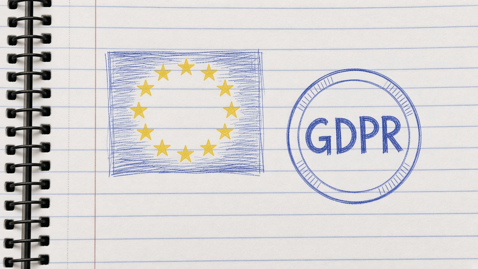 Sketch of an EU flag beside a stamp reading GDPR