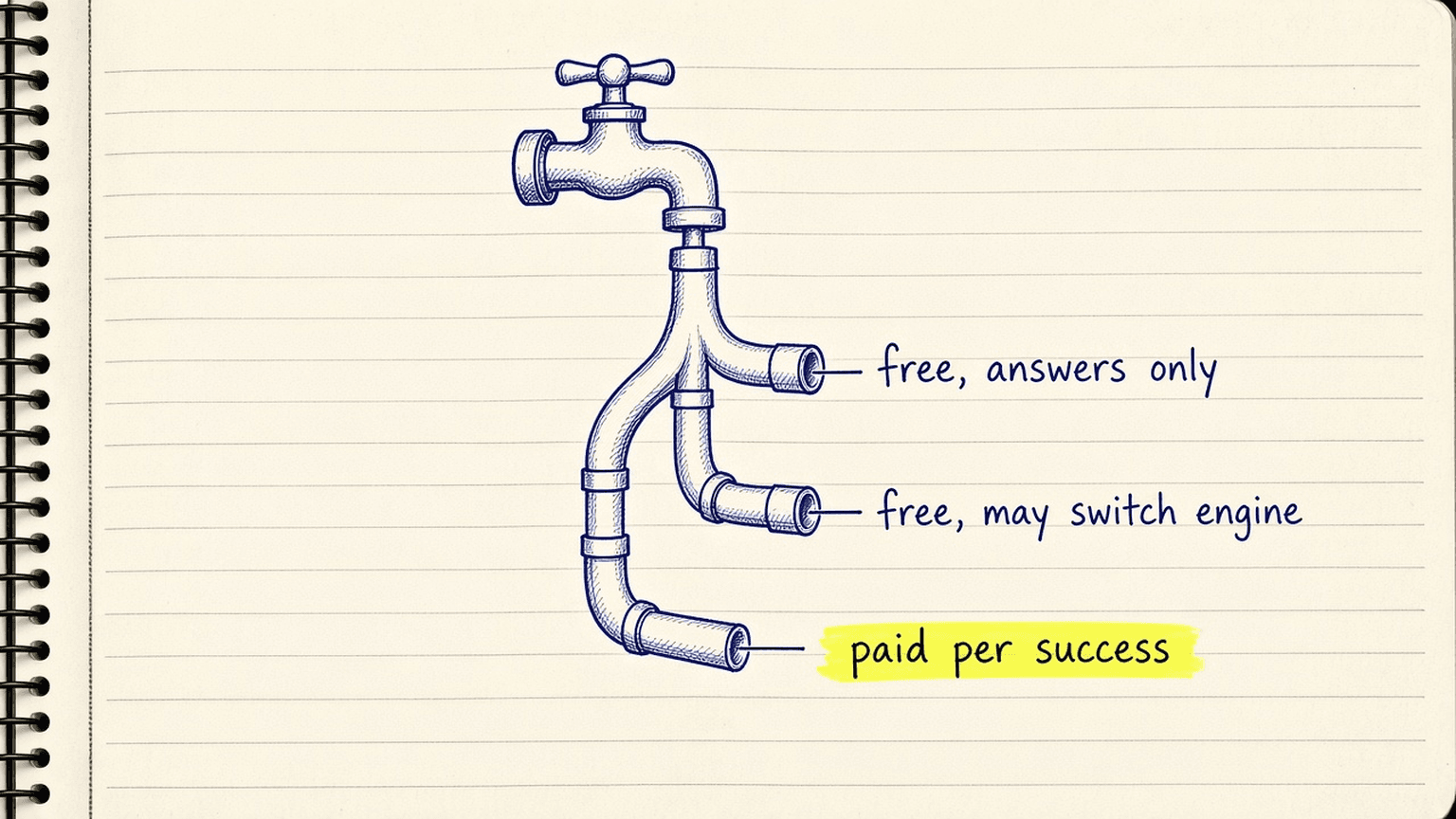 Sketch of three pipes from one tap, labelled free answers only, free but may switch engine, and paid per success