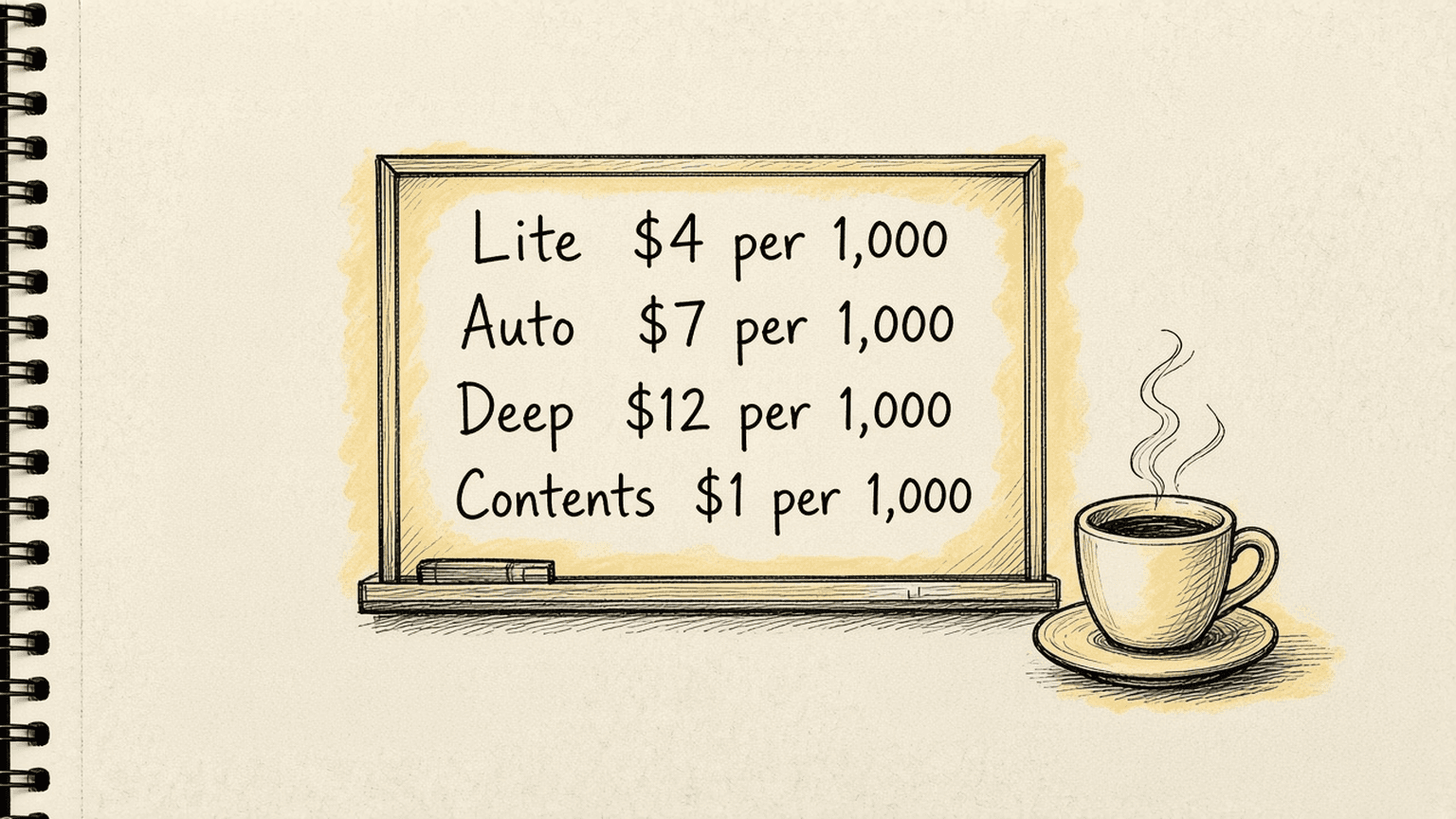 Sketch of a cafe menu board with Lite $4, Auto $7, Deep $12 and Contents $1, each per 1,000
