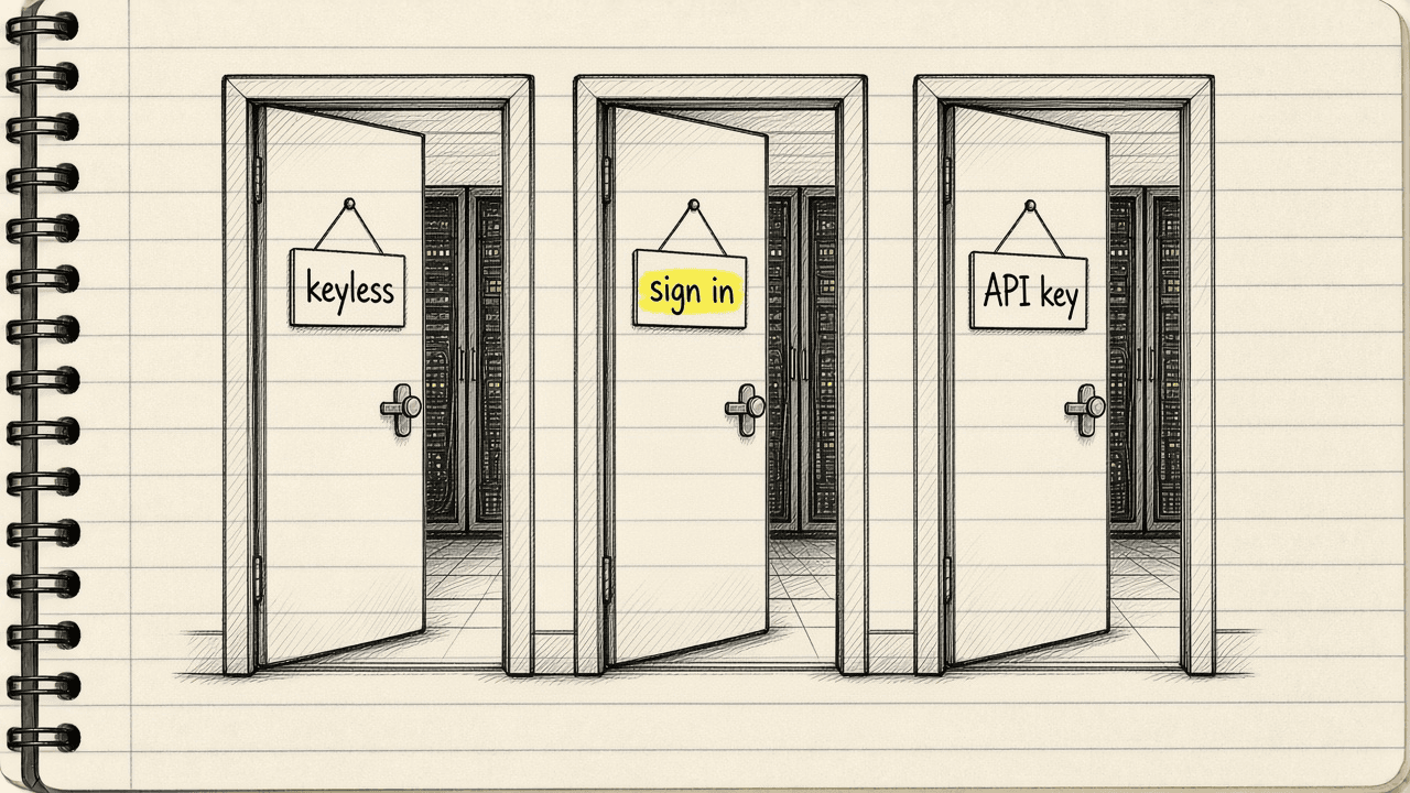Notebook sketch of three doors into the same MCP server room, labeled keyless, sign in, and API key