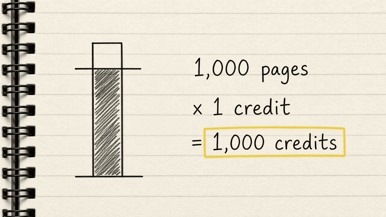 Notebook sketch of a credit bar reaching 1,000 credits next to the sum 1,000 pages times 1 credit a page equals 1,000 credits