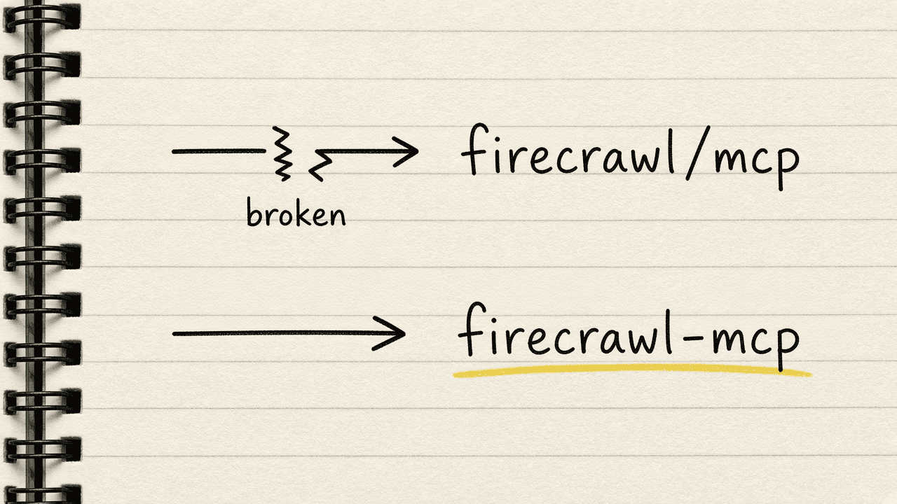 Notebook sketch of a broken arrow pointing from firecrawl slash mcp to a fixed arrow pointing to firecrawl-mcp