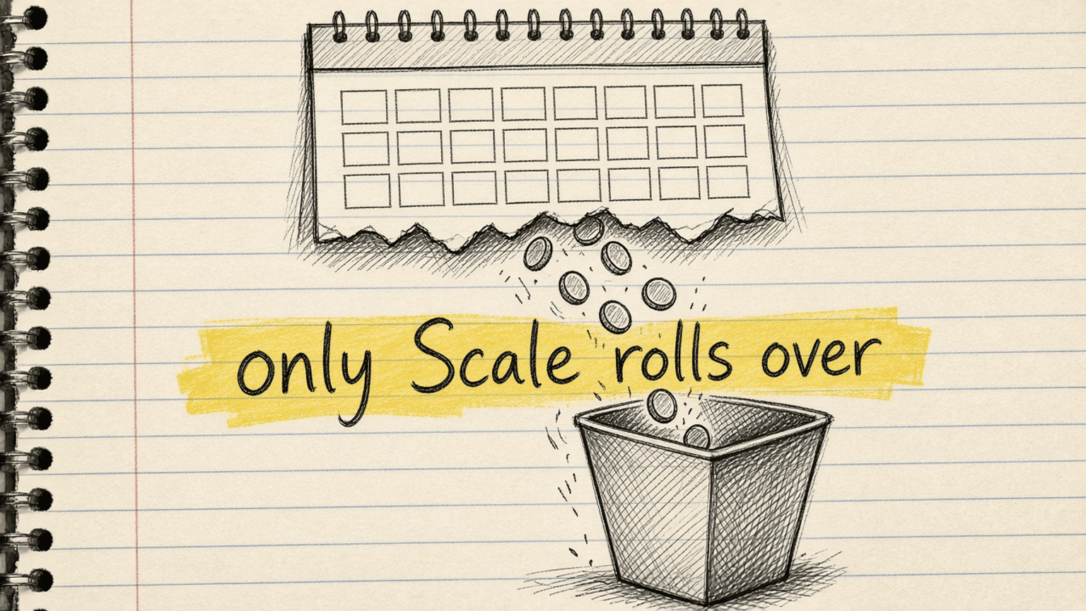 Handsketch of a calendar page tearing off, with unused credits falling into a bin, and a small tag reading only Scale rolls over