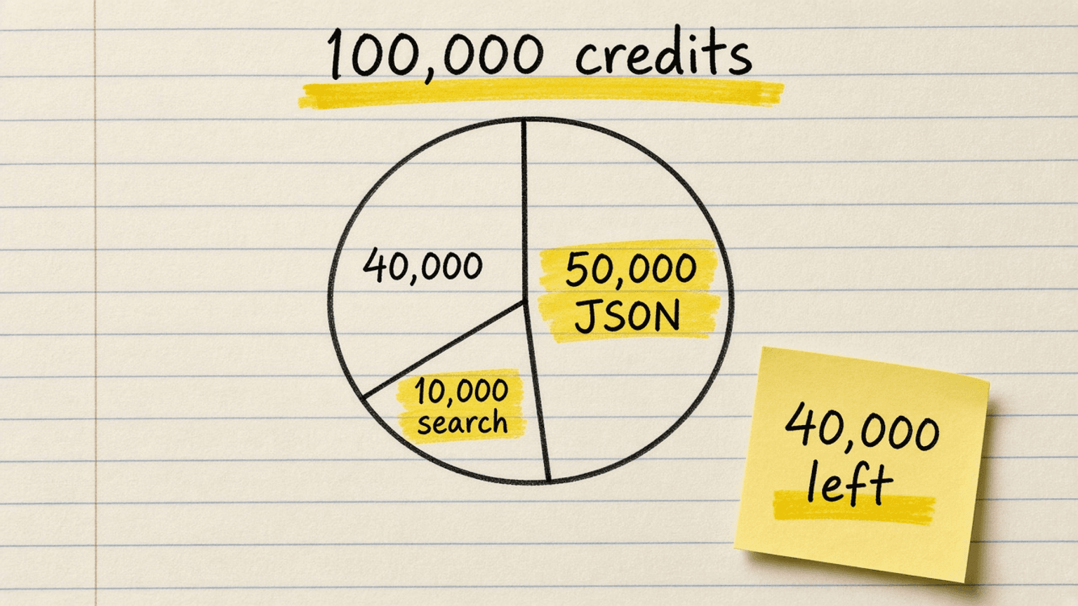 Handsketch of a pie chart labeled 100,000 credits, with slices for 50,000 JSON, 10,000 search and 40,000 left, and a sticky note reading 40,000 left
