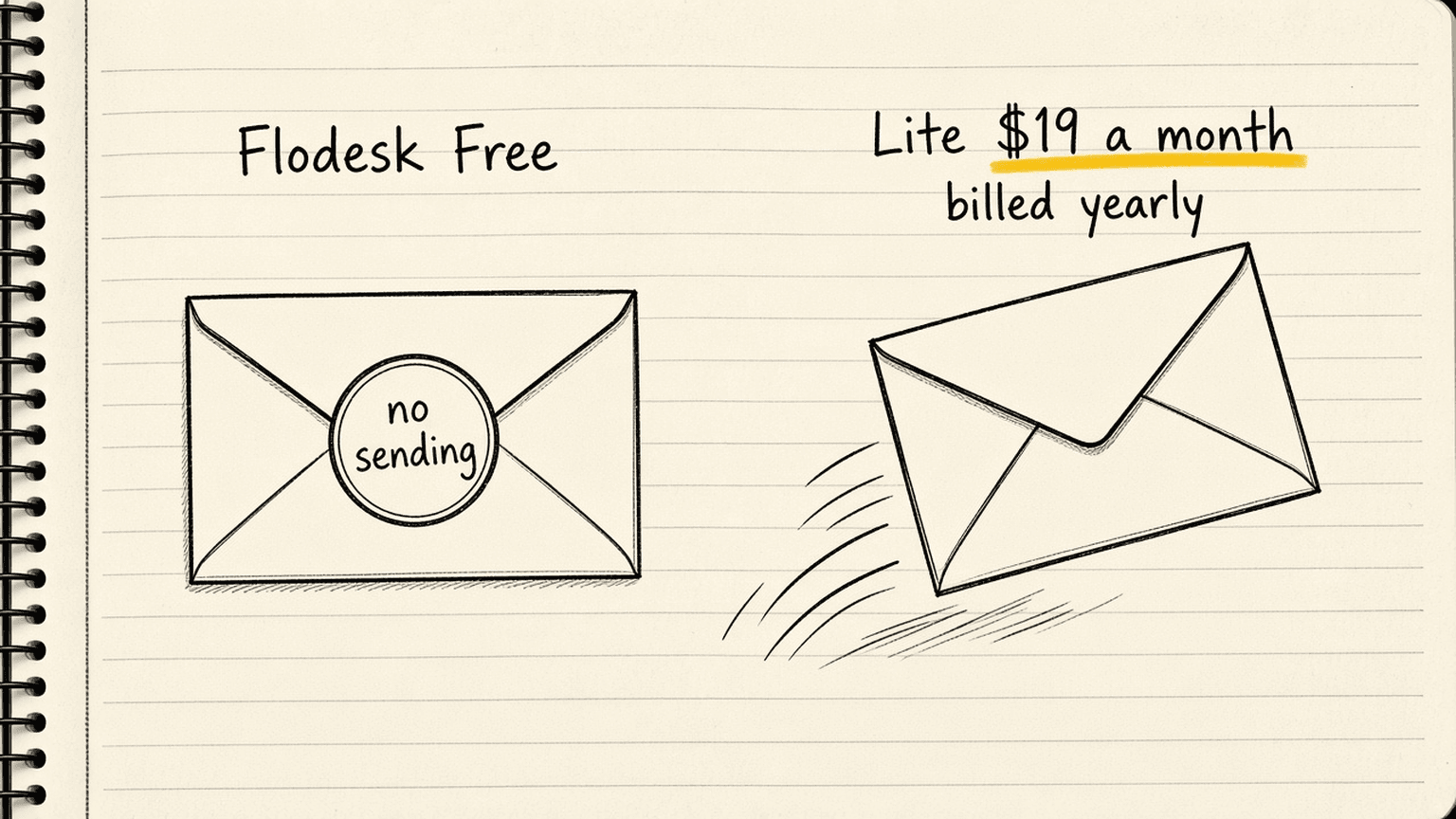 Notebook sketch of two envelopes next to each other, the left one labelled Flodesk Free and sealed with a stamp reading no sending, the right one labelled Lite $19 a month billed yearly and flying out