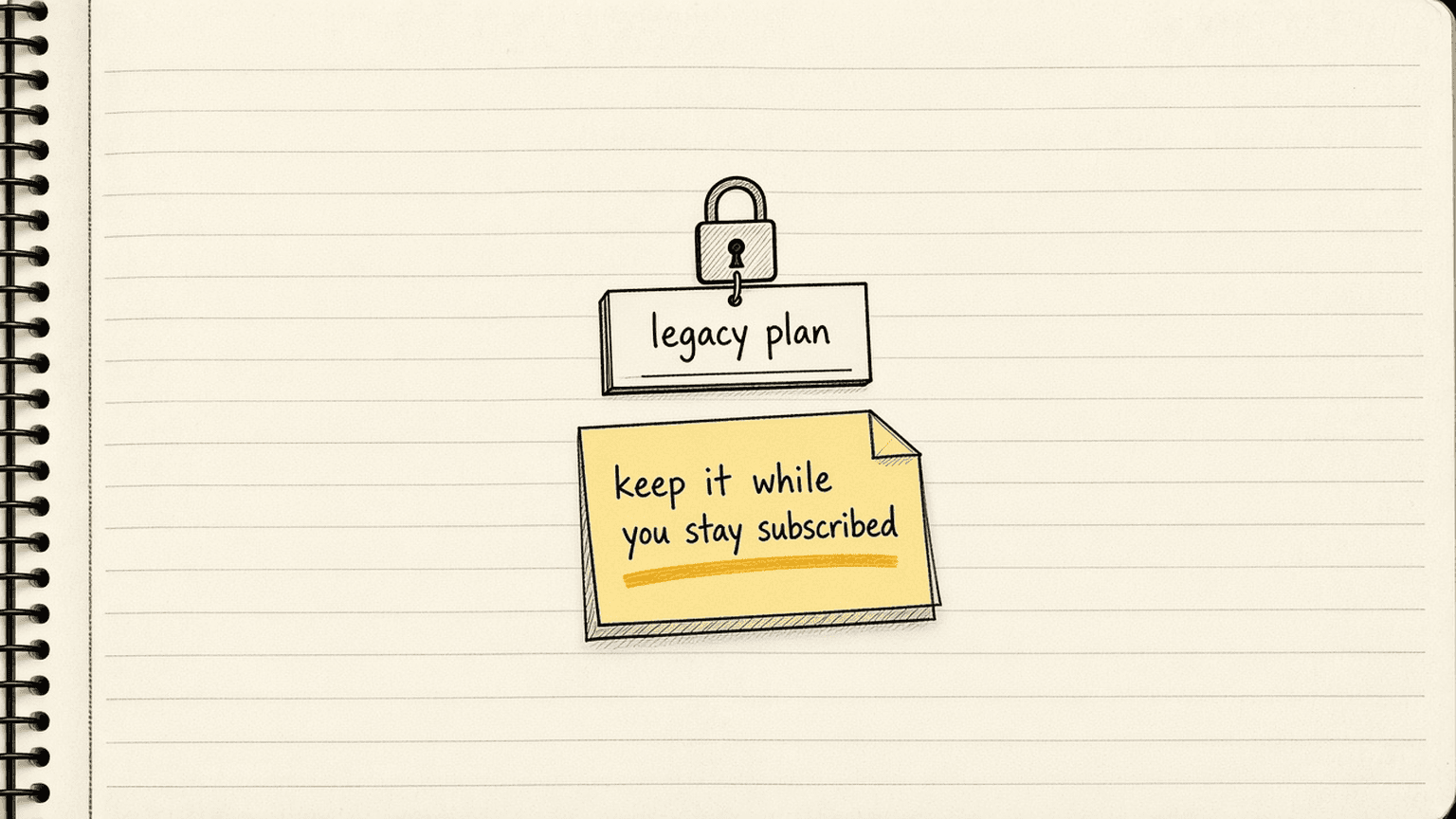 Notebook sketch of a padlock on a small price tag labelled legacy plan, with a note under it reading keep it while you stay subscribed