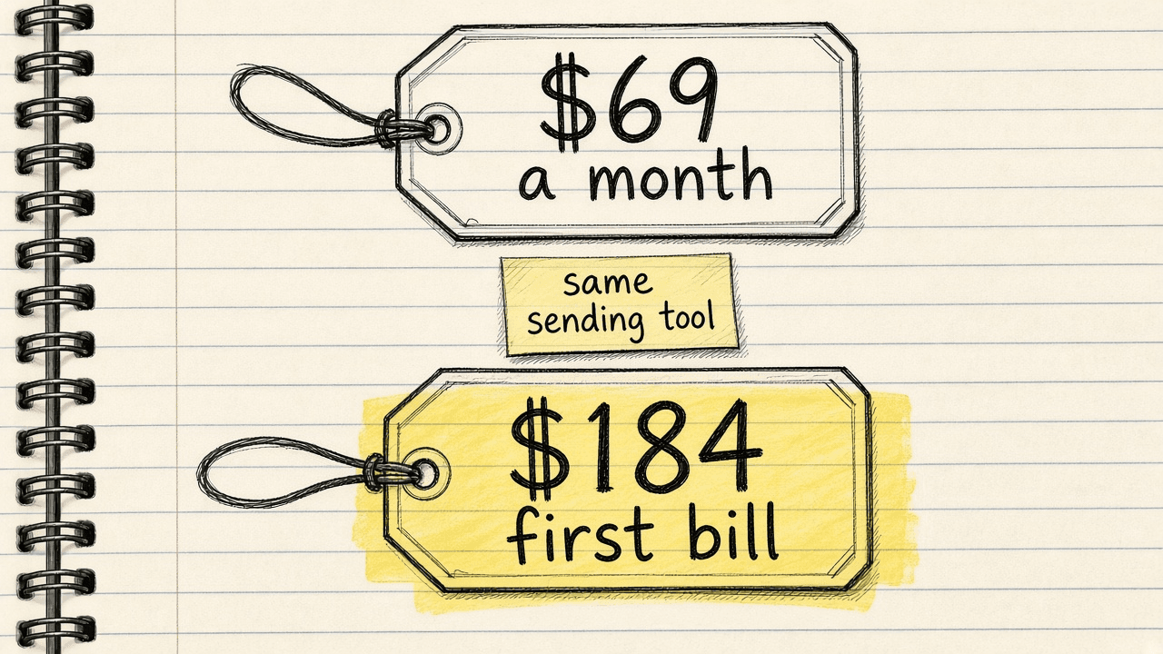 Notebook sketch of two stack totals like price tags, $69 a month and a $184 first bill