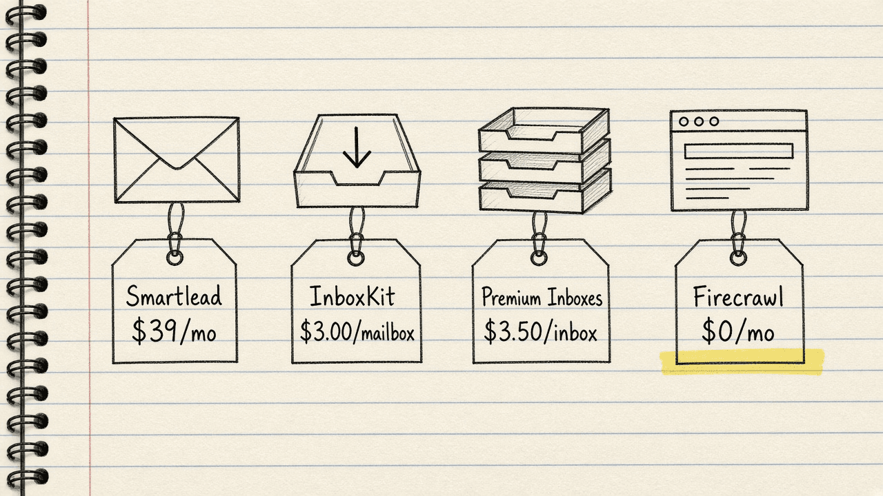Notebook sketch of four tool icons in a row labelled Smartlead, InboxKit, Premium Inboxes and Firecrawl, each under its price