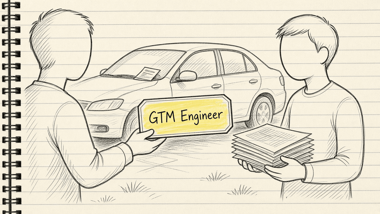 Notebook sketch of a name tag reading GTM Engineer handed to a person holding a stack of flyers next to a parked car