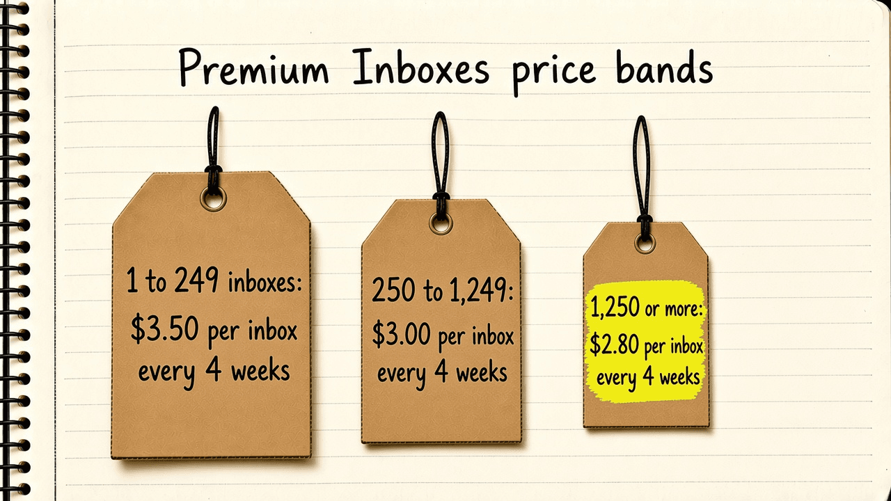 Notebook sketch of three Premium Inboxes price tags: $3.50 per inbox every 4 weeks for 1 to 249 inboxes, $3.00 for 250 to 1,249, and $2.80 for 1,250 or more