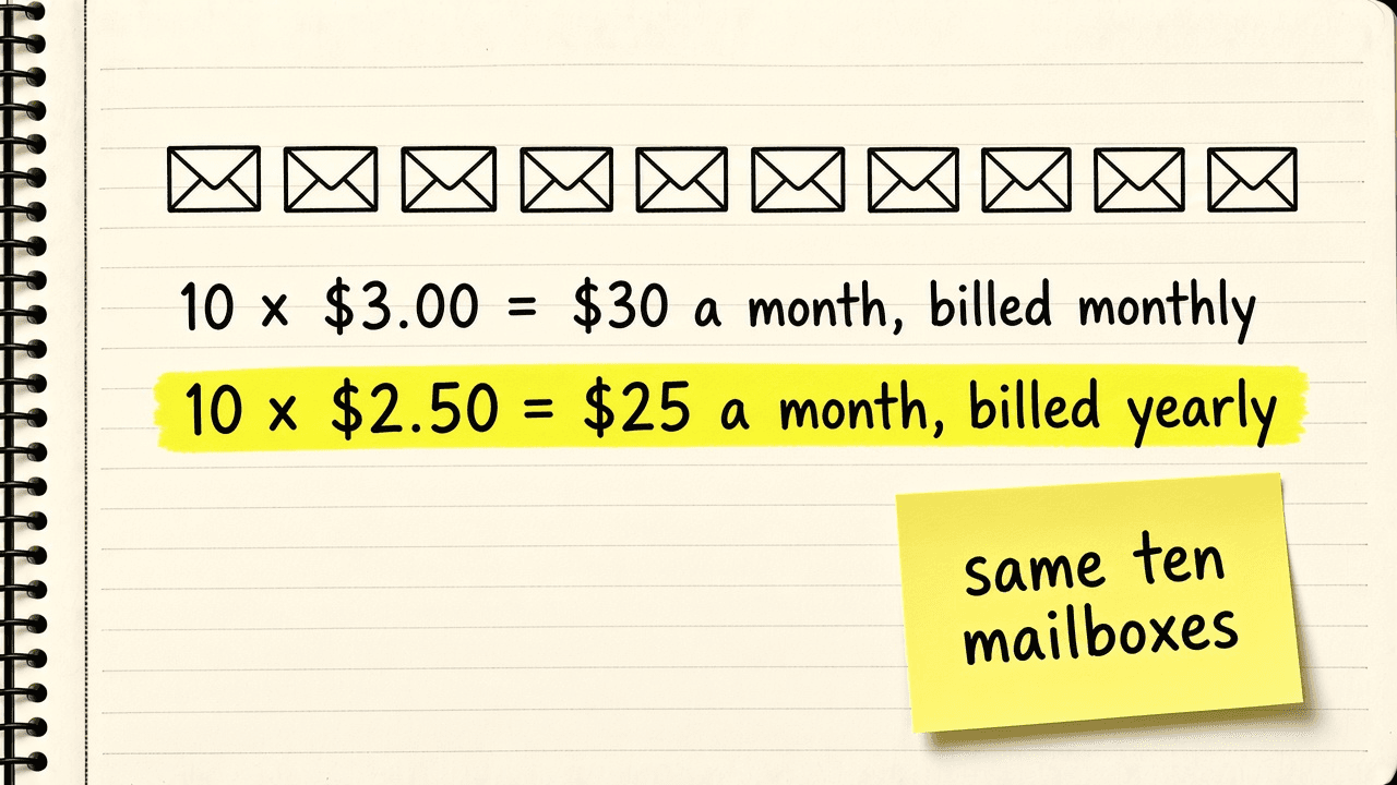 Notebook sketch of ten envelope icons under the sum ten times $3.00 a month billed monthly equals $30 a month billed monthly, next to a second line showing $25 a month billed yearly for the same ten mailboxes