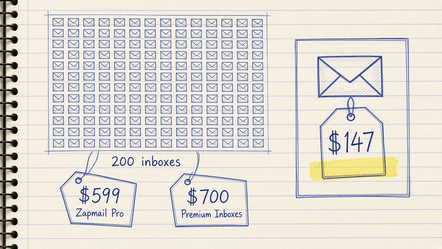 Sketch of 200 small inbox icons with a price tag next to one flat plan card with a smaller price tag