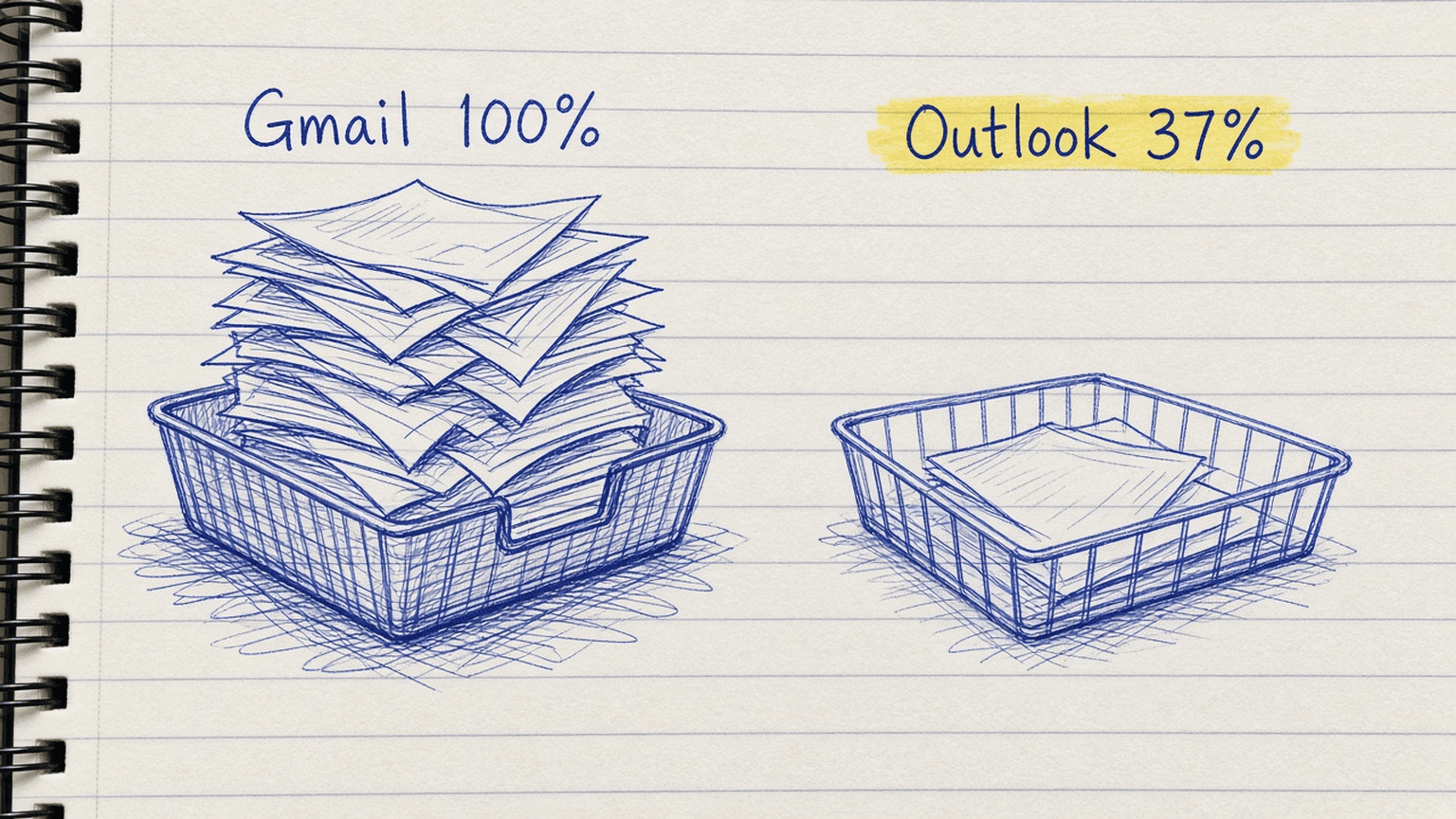 Sketch of two inbox trays labelled Gmail 100 percent and Outlook 37 percent