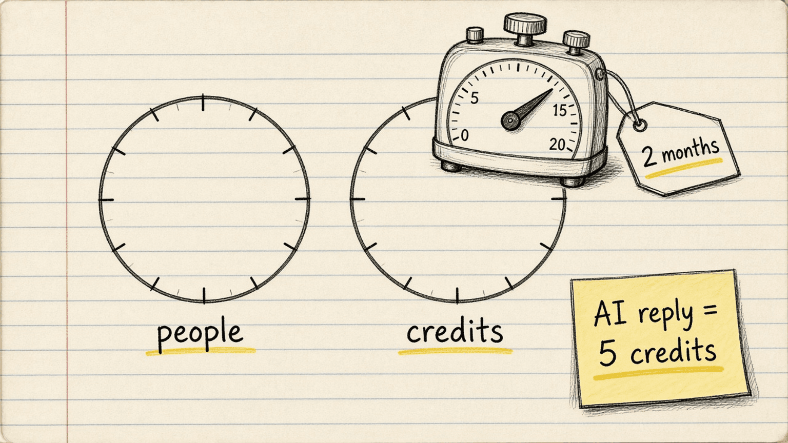 Handsketch of two dials labelled people and credits, with a 2 month timer drawn on the credits dial