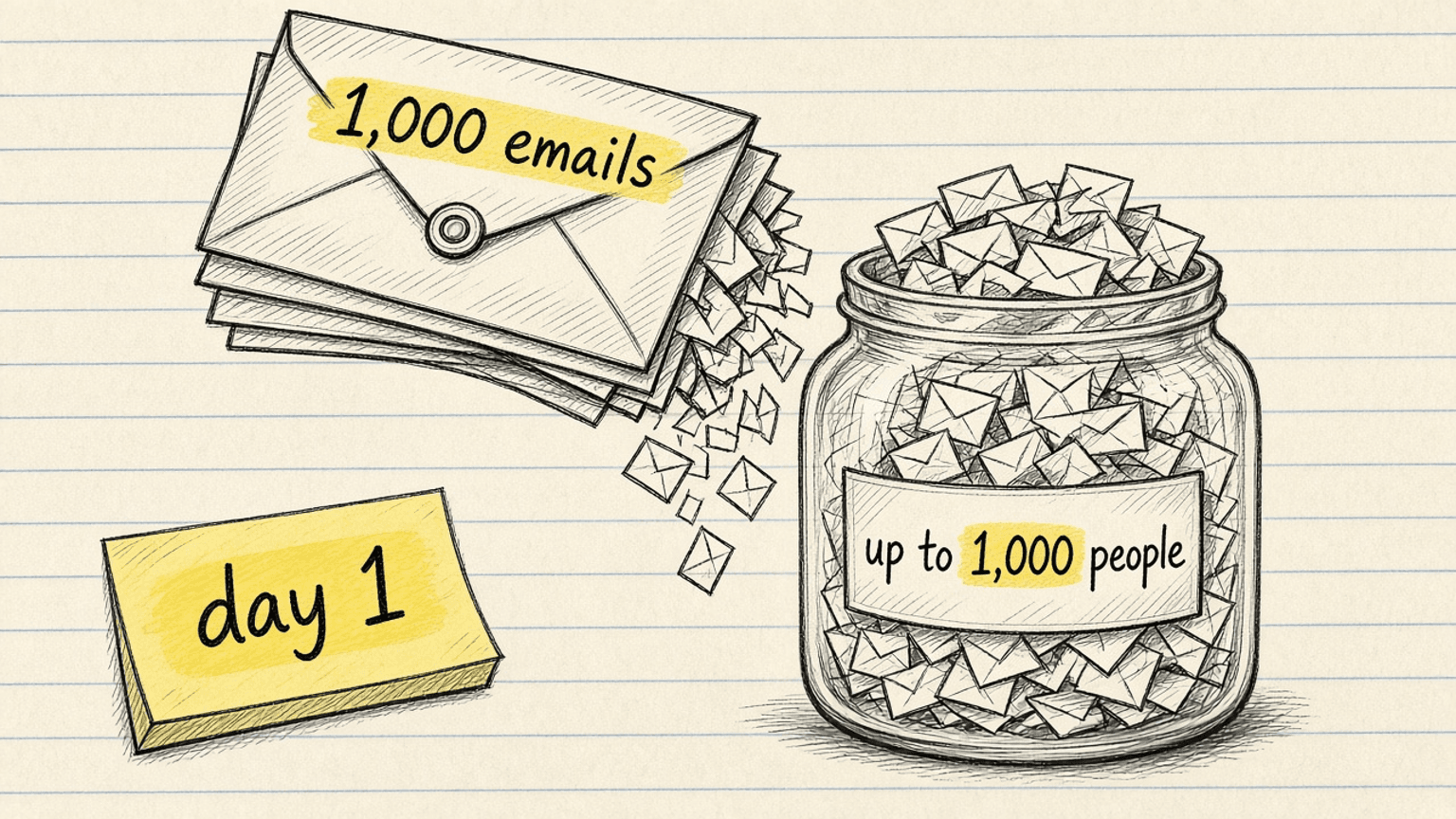 Handsketch of 1,000 emails pouring into a jar labelled up to 1,000 people, overflowing, with day 1 written beside it
