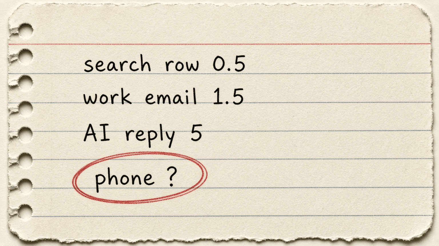 Handsketch of a menu card listing search row 0.5, work email 1.5, AI reply 5, and phone with a circled question mark