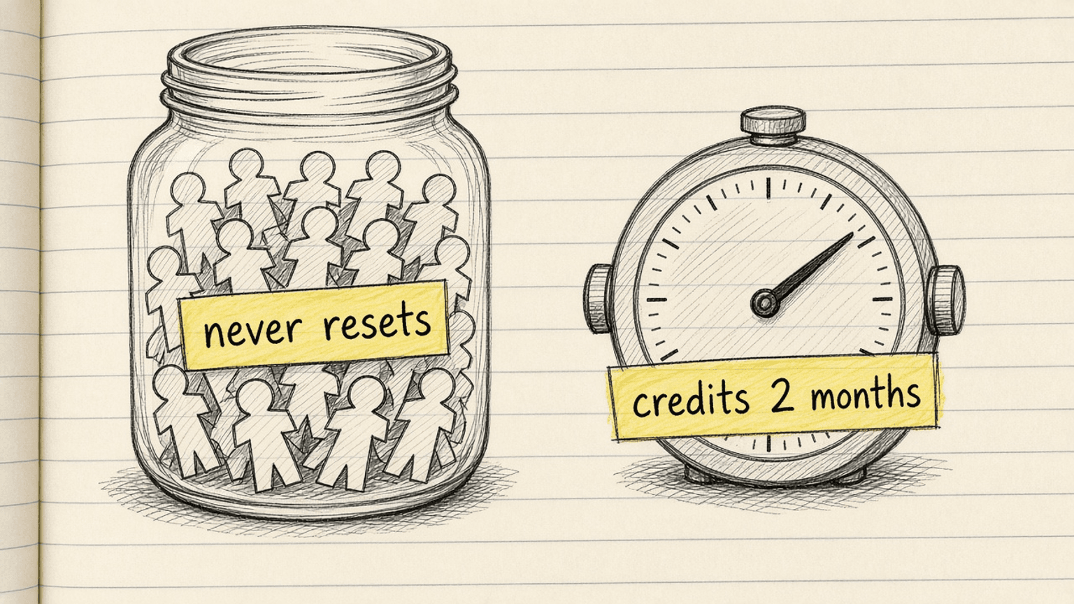 Handsketch of a jar of paper people labeled never resets next to a kitchen timer labeled credits 2 months