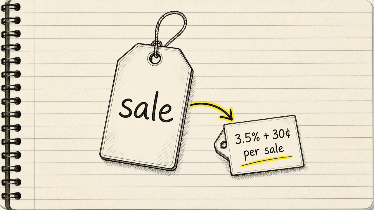 Notebook sketch of one sale tag with a smaller tag pulling off it, labelled 3.5% + 30¢ per sale