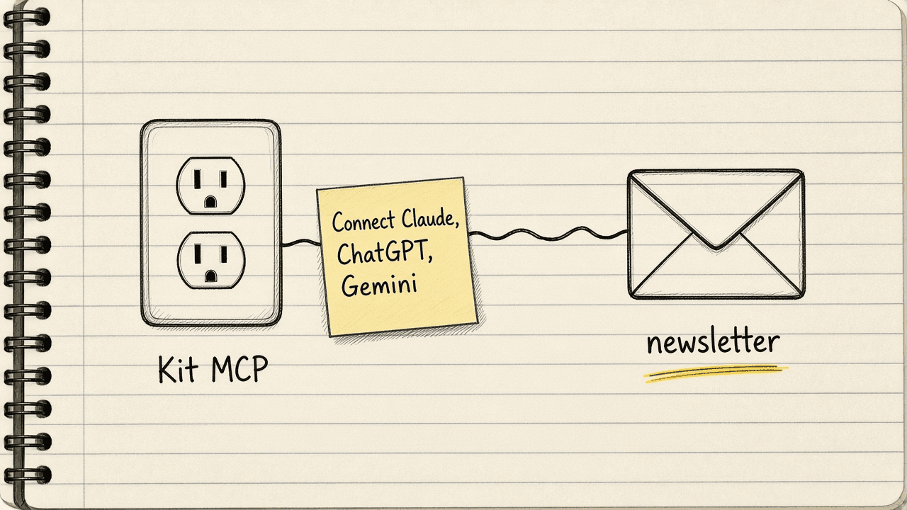 Notebook sketch of a plug icon labelled Connect Claude, ChatGPT, Gemini next to a newsletter icon