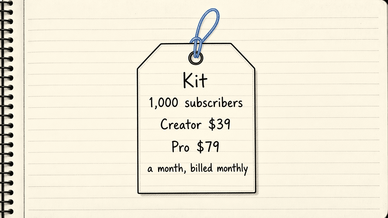 Notebook sketch of one Kit price tag at 1,000 subscribers, Creator 39 dollars and Pro 79 dollars, both a month billed monthly