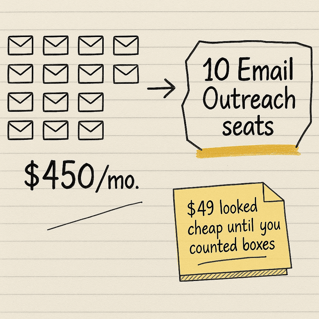 Handsketch of 20 inboxes becoming 10 Email Outreach seats near $450 per month