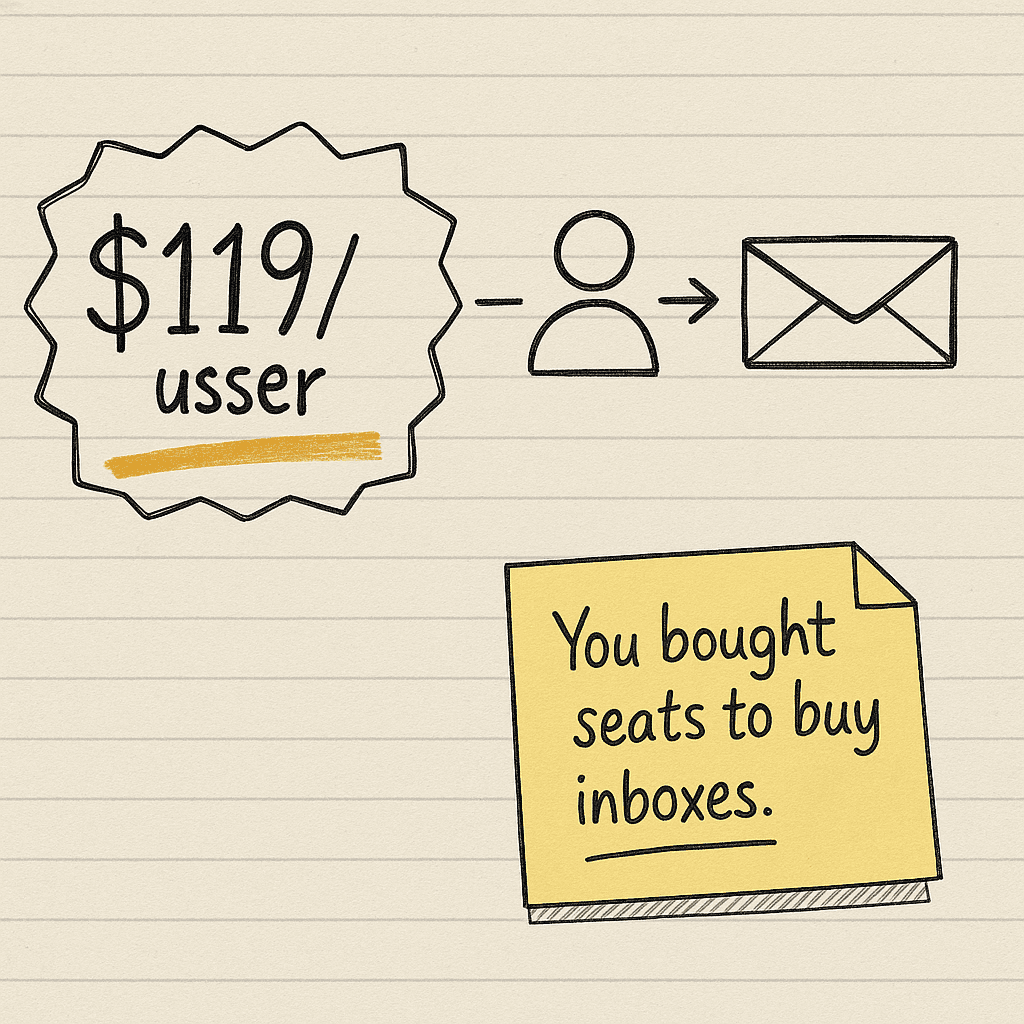 Handsketch of one paid user unlocking one connected inbox