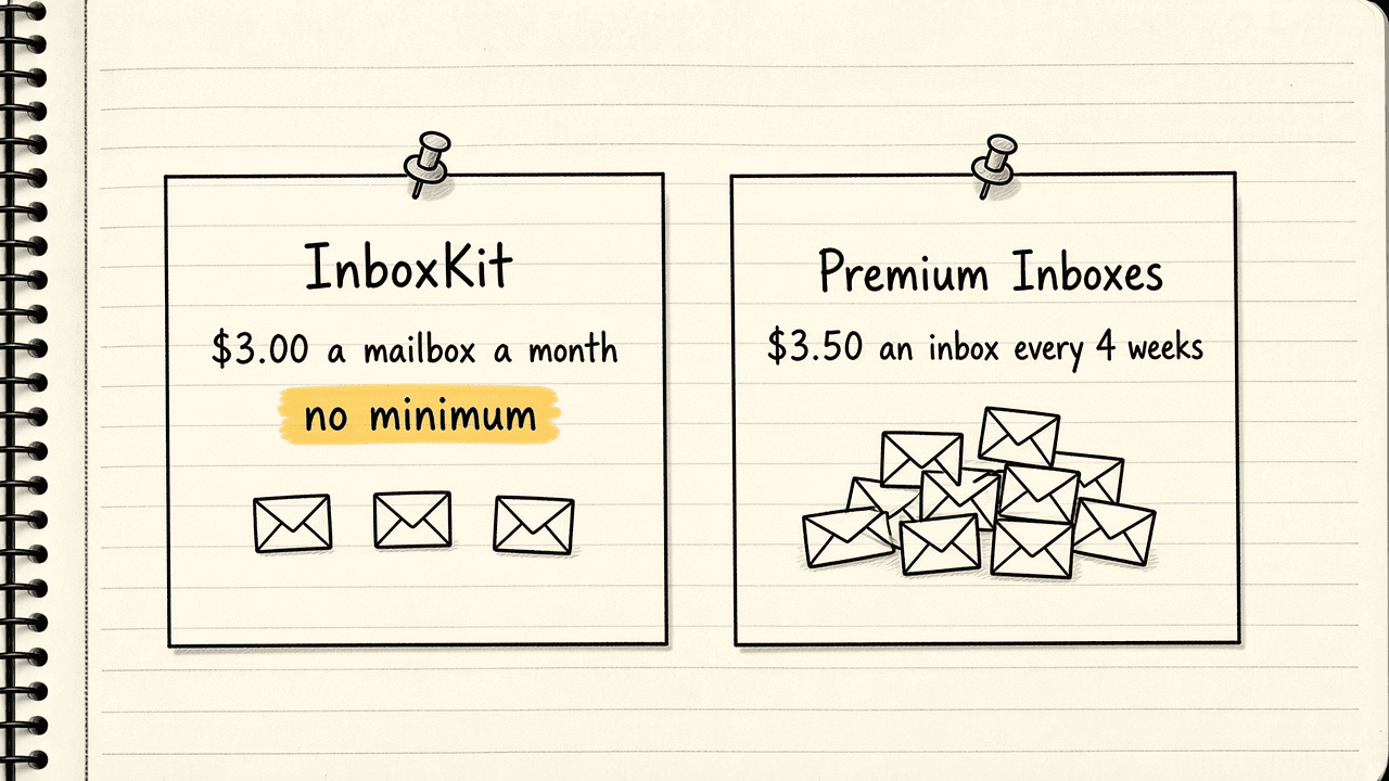 Notebook sketch of two price tags, InboxKit at 3 dollars a mailbox a month billed monthly with no minimum, and Premium Inboxes at 3 dollars 50 cents an inbox every 4 weeks