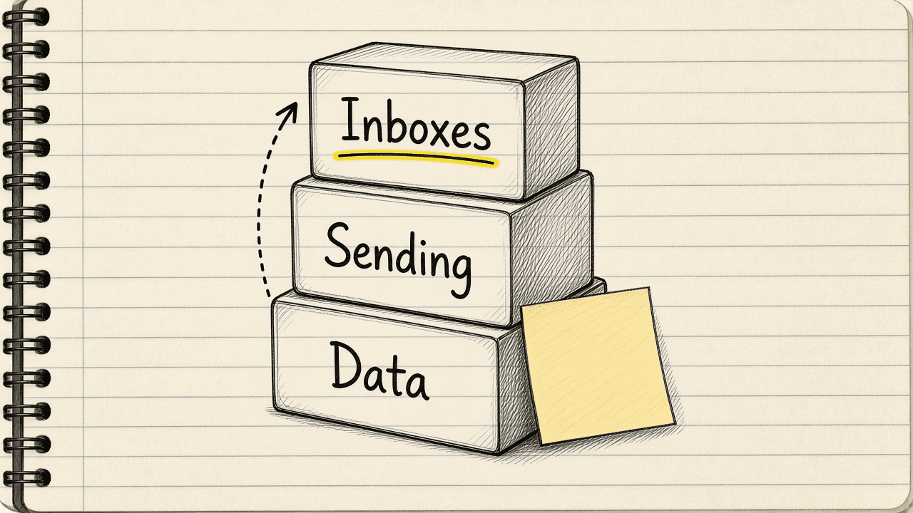Notebook sketch of three stacked building blocks labeled Data, Sending and Inboxes, stacked bottom to top