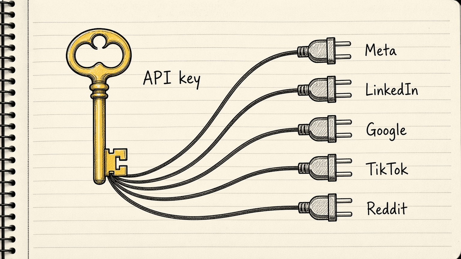 Notebook sketch of one large API key with five plugs labelled Meta, LinkedIn, Google, TikTok and Reddit