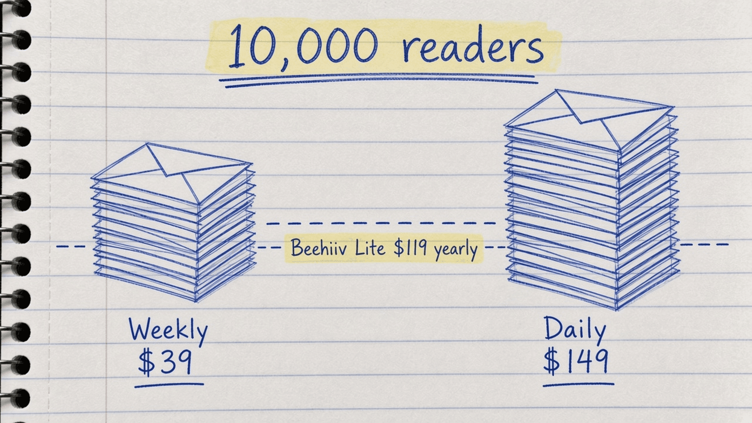 Sketch of two stacks of envelopes for weekly and daily sends with a price under each