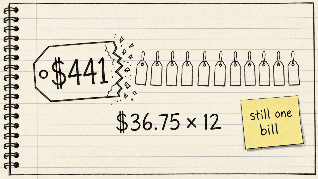 Notebook sketch of a $441 price tag splitting into twelve $36.75 tags with a note, still one bill, once a year