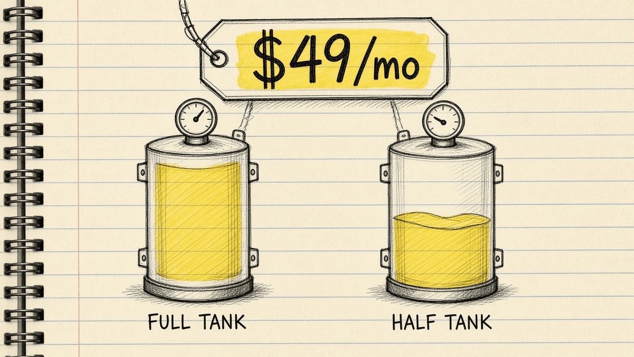 Notebook sketch of a full credit tank next to a half empty credit tank, both under the same $49 a month price tag